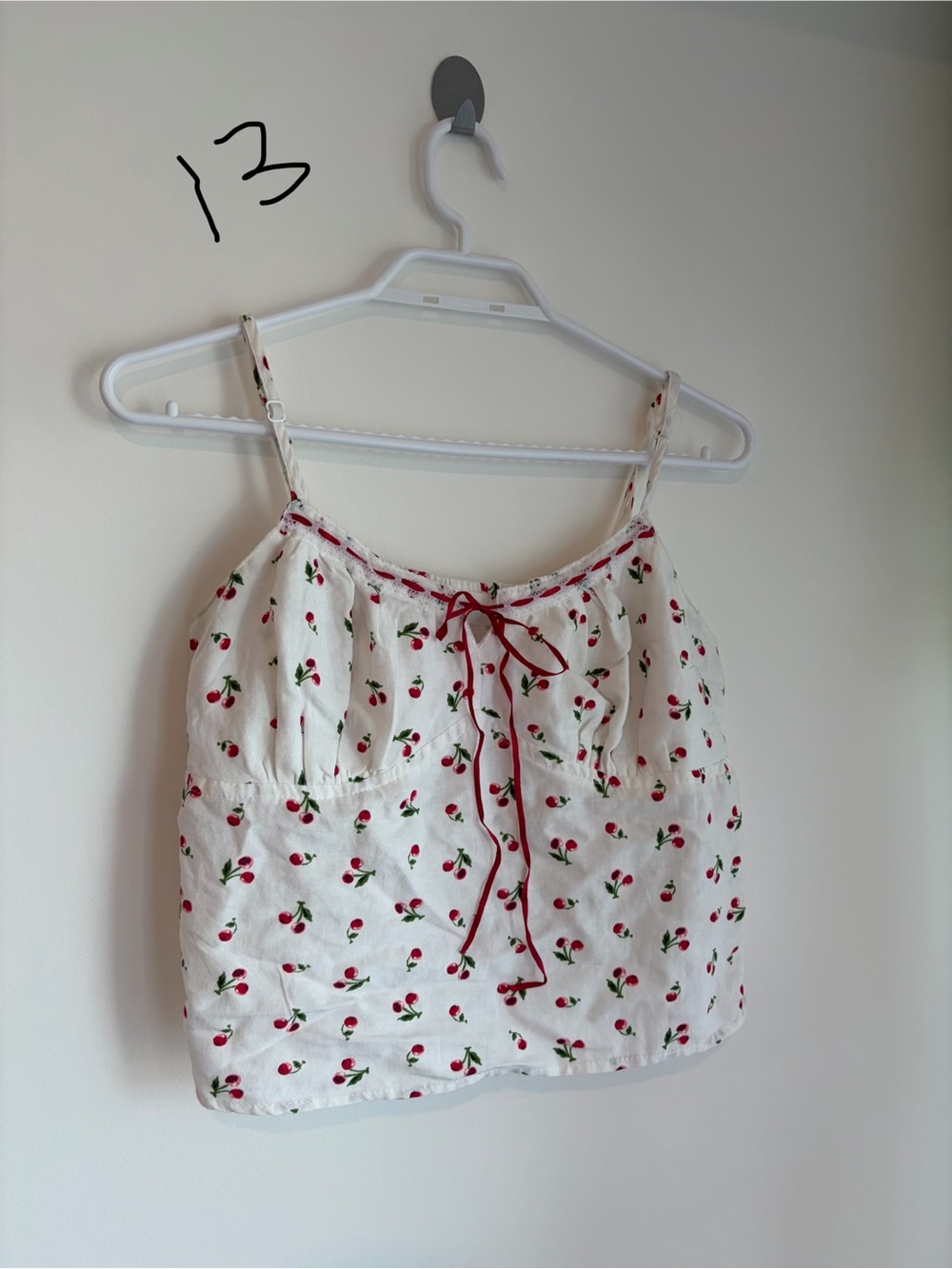 White Cherry-Print Spaghetti Strap Tank with Red Tie
